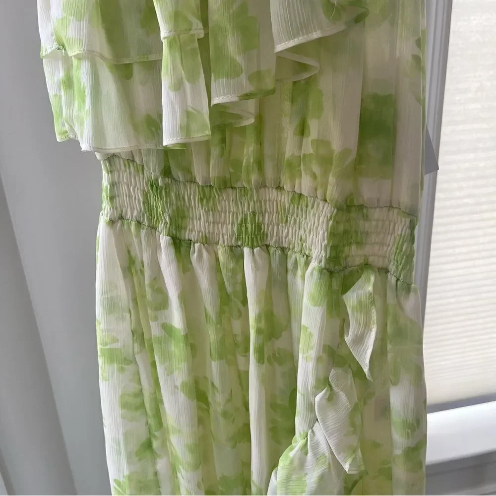 MISA Rumi MIDI Revolve Chiffon One Shoulder Dress in Honeydew Large‎ NWT